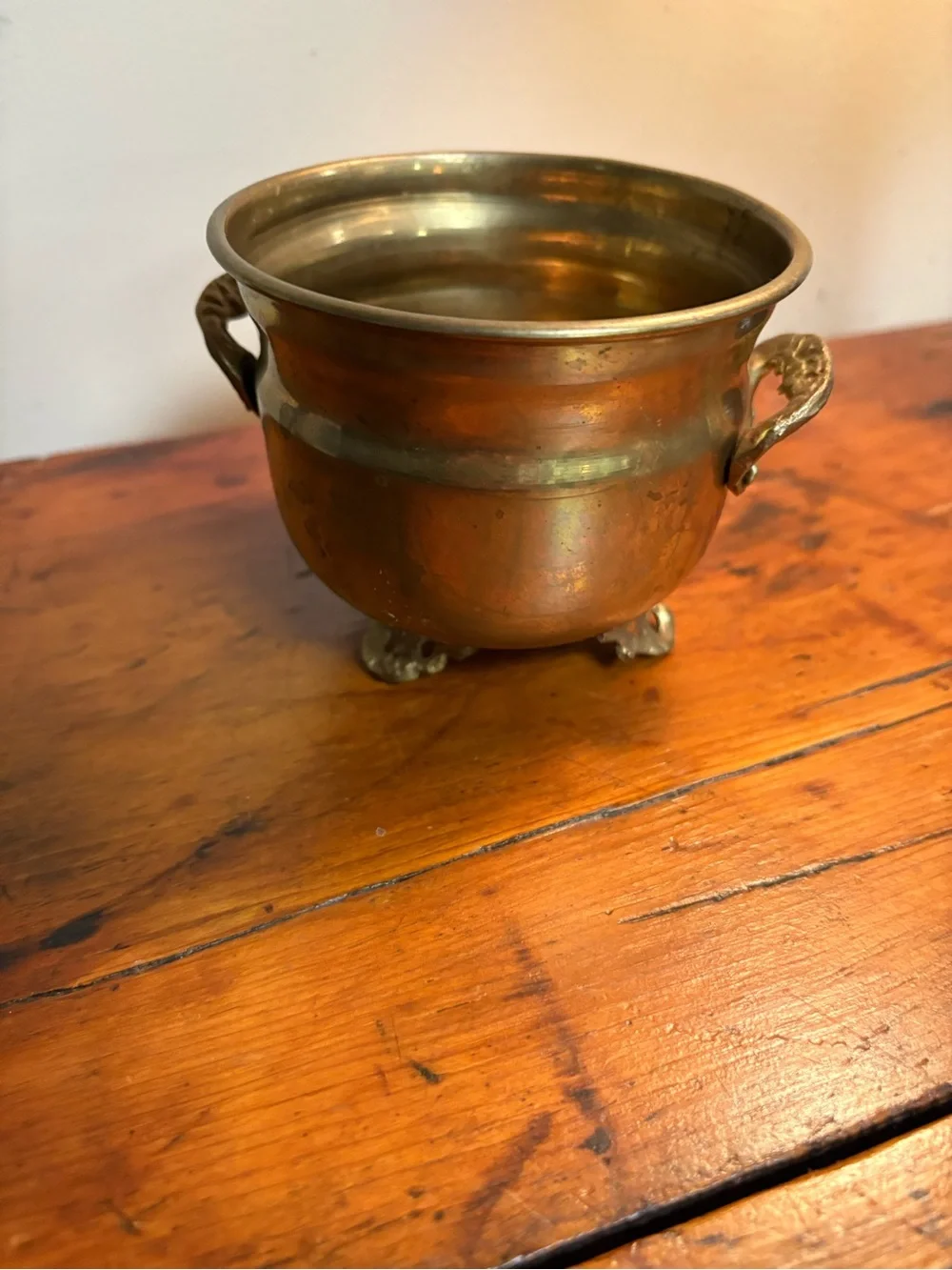 Antique-Style Brass Footed Planter with Handles Curved Handles 3.5x4”